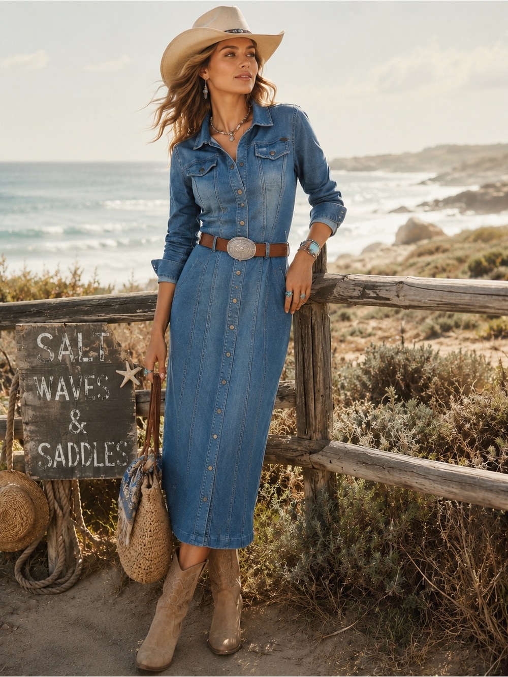 G.I.L.I. Blue Denim Long-Sleeve Button-Front Midi Dress/Duster size 6